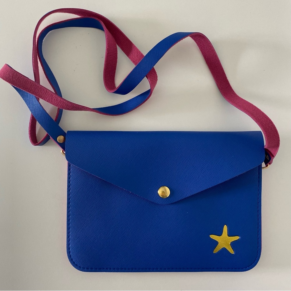 Top It Off Crossbody Bag Blue Gold Star Pink Strap Snap Closure 5.5 X8" Pocket